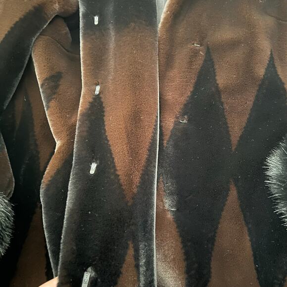 Nuage Dark Brown Black Faux Fur Hooded Coat w/ Trim Diamond Pattern Y2K - Picture 11 of 16